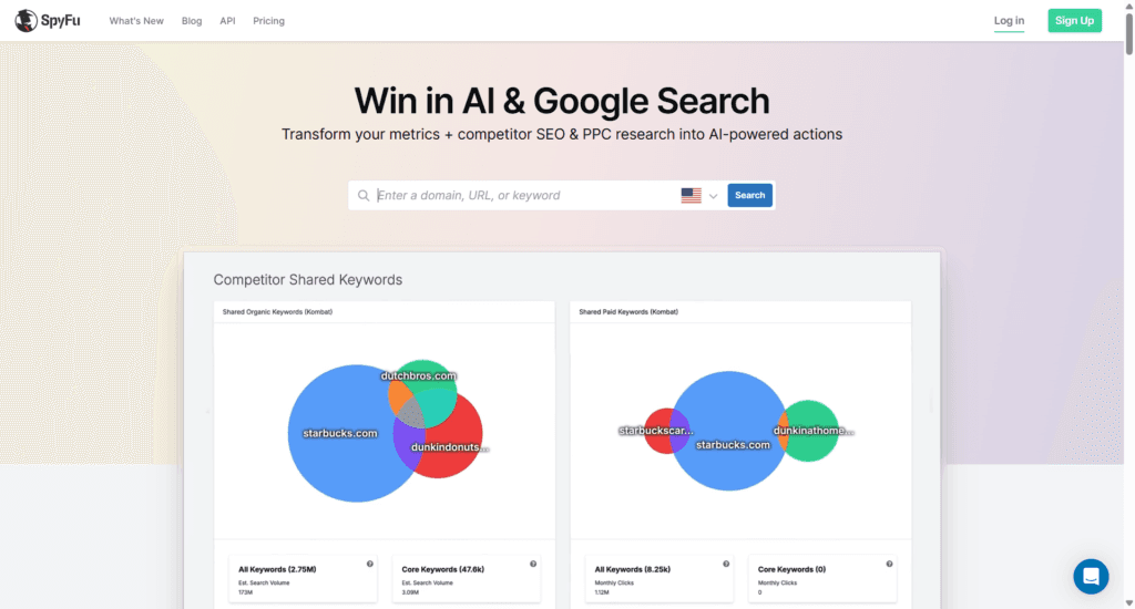 SpyFu homepage featuring the headline "Win in AI & Google Search" with a competitor shared keywords Venn diagram analysis.