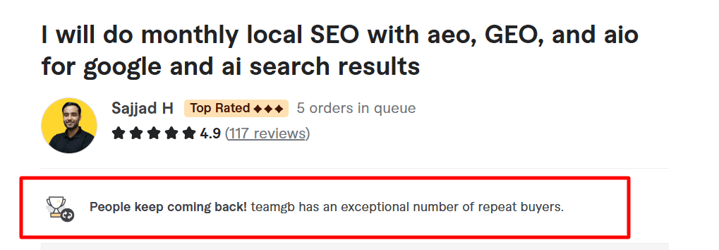 TeamGB Fiverr gig page showing a repeat buyer badge for monthly local SEO services by Sajjad H.