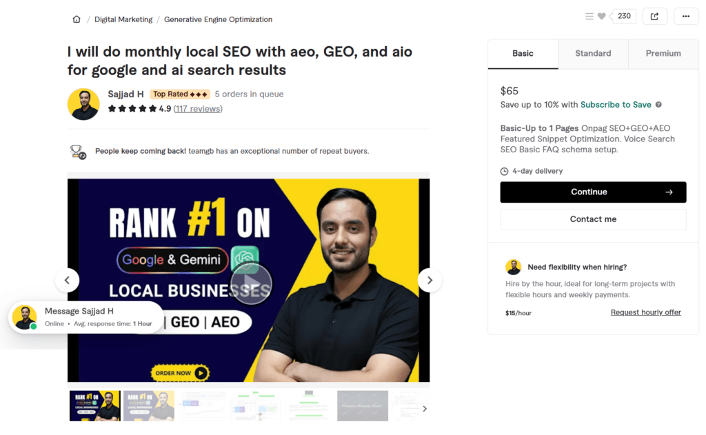 TeamGB Fiverr service page for monthly local SEO services including AEO and GEO for Google and Gemini results.
