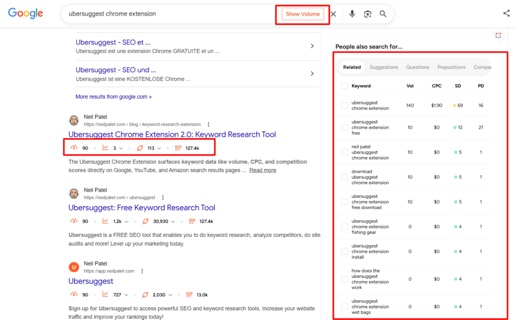 Google search results for "ubersuggest chrome extension" showing search volume, CPC, and keyword data overlay from the Ubersuggest extension.