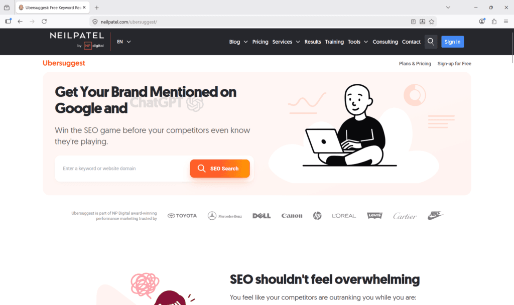 Ubersuggest homepage by Neil Patel showing a keyword and domain SEO research tool with a search bar and trusted brand logos.