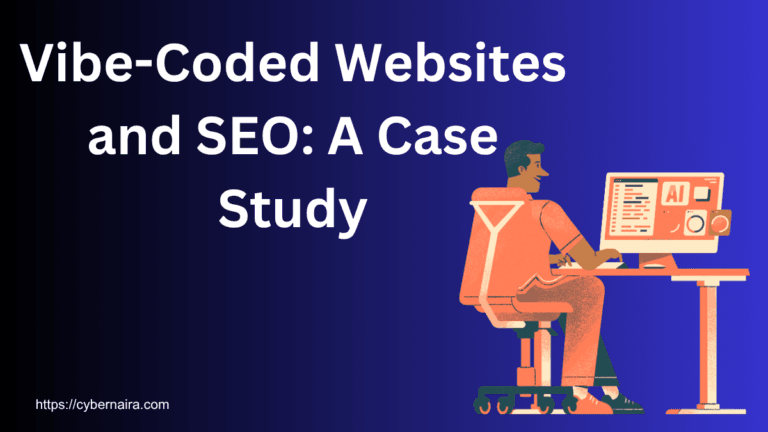 Illustration of a person sitting at a desk using an AI-powered computer, with the text Vibe-Coded Websites and SEO: A Case Study on a dark blue background.