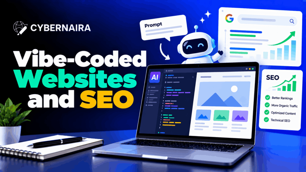 vibe coded websites and seo impacts rankings Laptop displaying AI coding interface alongside Google search results and SEO optimization metrics.