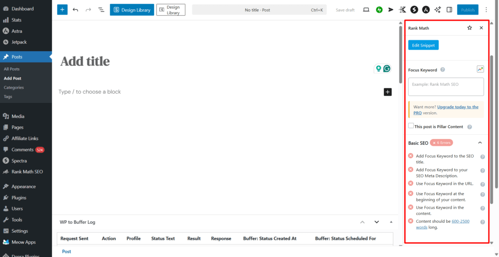 WordPress block editor featuring the Rank Math SEO sidebar with Basic SEO errors and a focus keyword field.