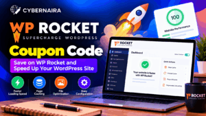 WP Rocket coupon code banner showing the WordPress performance plugin dashboard, a launching rocket, and a website performance score of 100.