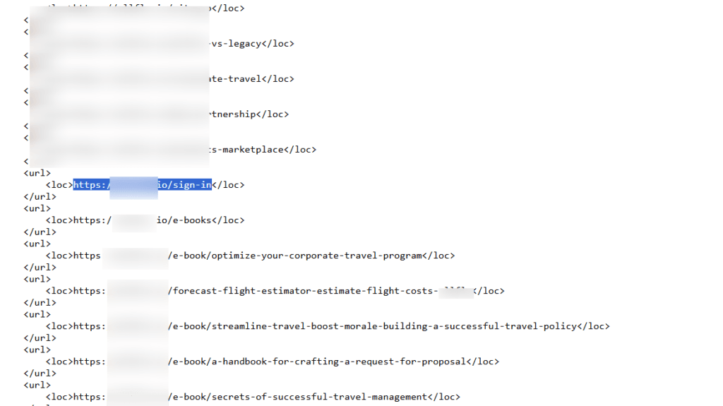 XML sitemap code view highlighting a sign-in page URL among other indexed links like e-books and travel guides.