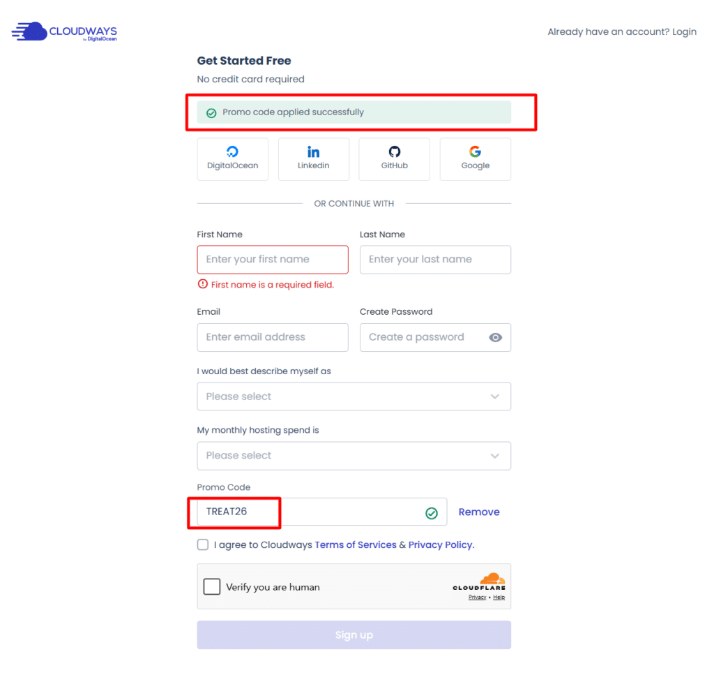 cloudways free trial promo code sign up form Cloudways signup page showing the successfully applied TREAT26 promo code and confirmation message for a free hosting trial.
