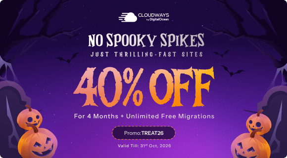 cloudways halloween deal 40 percent off treat26 Cloudways Halloween hosting promotion featuring 40% off for four months, unlimited free migrations, and promo code TREAT26 against a spooky purple background.