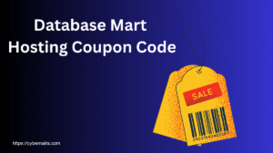 Database Mart Hosting coupon code promotional banner with sale tag illustration.