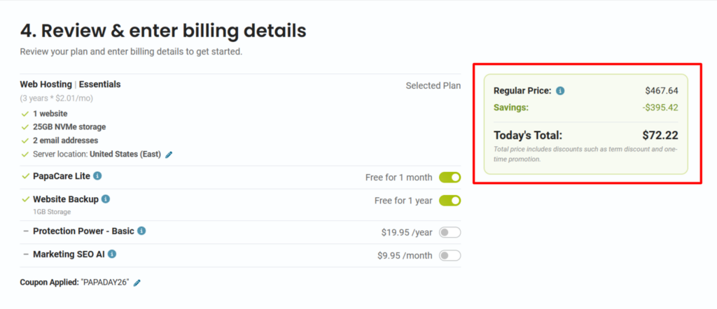 HostPapa billing review for the Essentials Web Hosting plan details and the total hosting price with the coupon discount is applied.