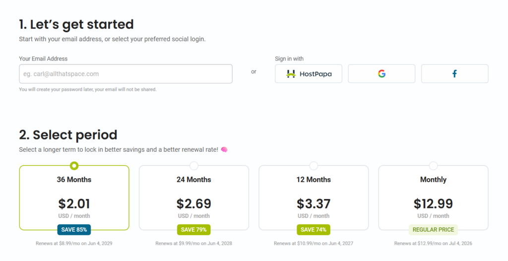HostPapa checkout and account creation form, billing period options and a discount plan at $2.01 per month to save 85%.