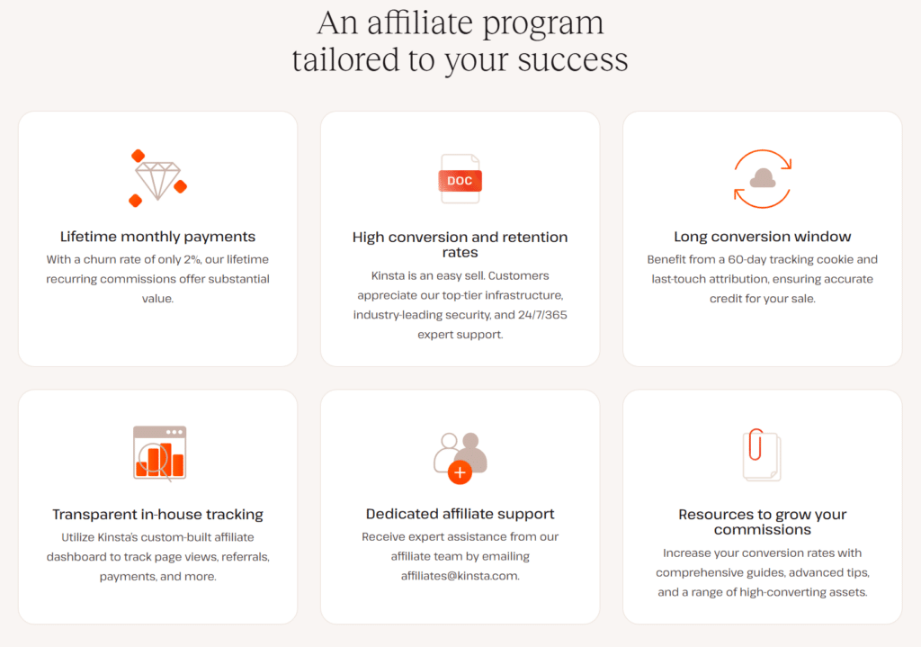 kinsta affiliate program benefits infographic Six text boxes showing the benefits of the Kinsta affiliate program under the heading An affiliate program tailored to your success.