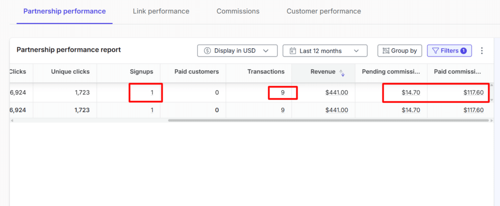 thinkific partnerstack performance dashboard metrics revenue commissions PartnerStack dashboard with partnership metrics: clicks, signups, paid customers, revenue, and commissions.
