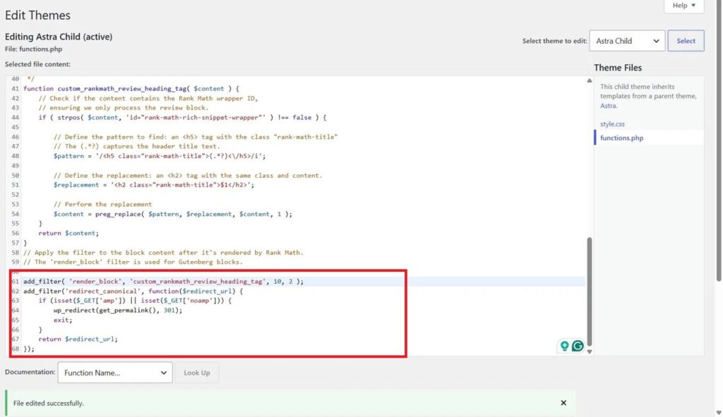 astra child theme functions redirect WordPress Astra Child theme functions.php file showing custom PHP code added to redirect AMP and ?noamp URLs to the canonical page.