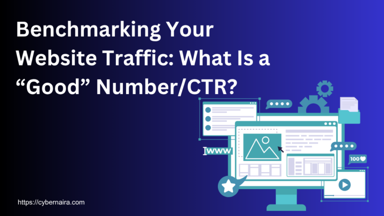 Illustration showing website traffic benchmarking with a desktop monitor displaying analytics, web pages, and digital marketing icons, representing website traffic analysis and click through rate (CTR) performance.