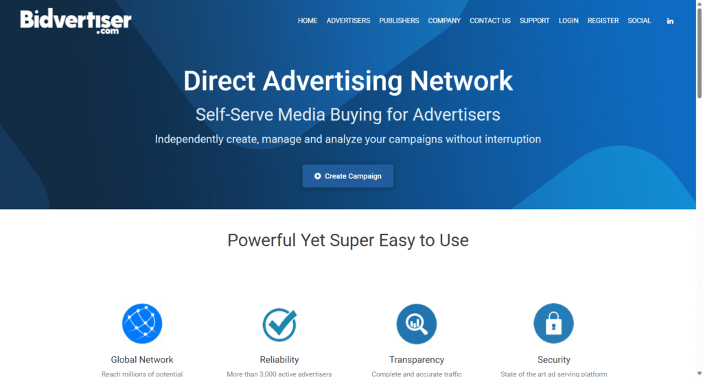 bidvertiser advertising network homepage BidVertiser homepage showcasing its self serve advertising network platform for creating, managing, and analyzing online ad campaigns.