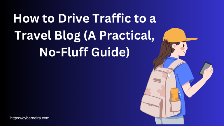 Featured image for an article about driving traffic to a travel blog, showing a traveler with a backpack holding a smartphone.