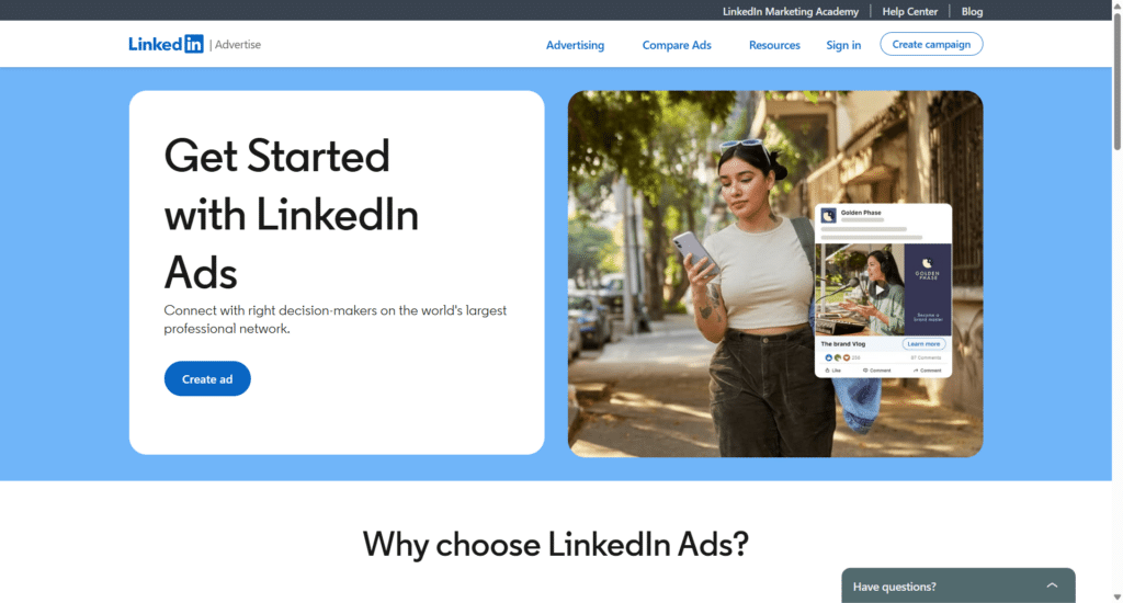 inkedin ads platform for b2b marketing advertising LinkedIn Ads homepage promoting self service advertising tools for reaching professionals and business decision makers on the LinkedIn network.