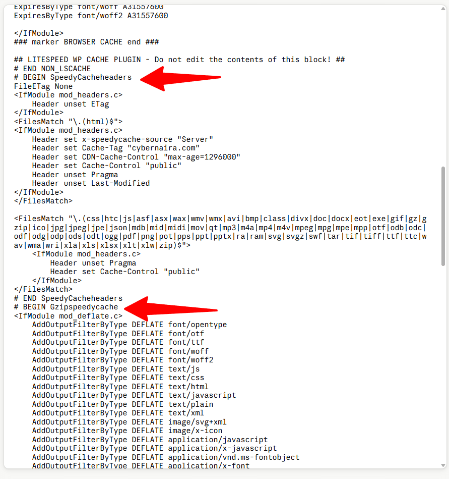 litespeed cache htaccess configuration speedycache conflict .htaccess file highlighting LiteSpeed Cache plugin directives, including the SpeedyCache headers and Gzip compression sections marked with red arrows.