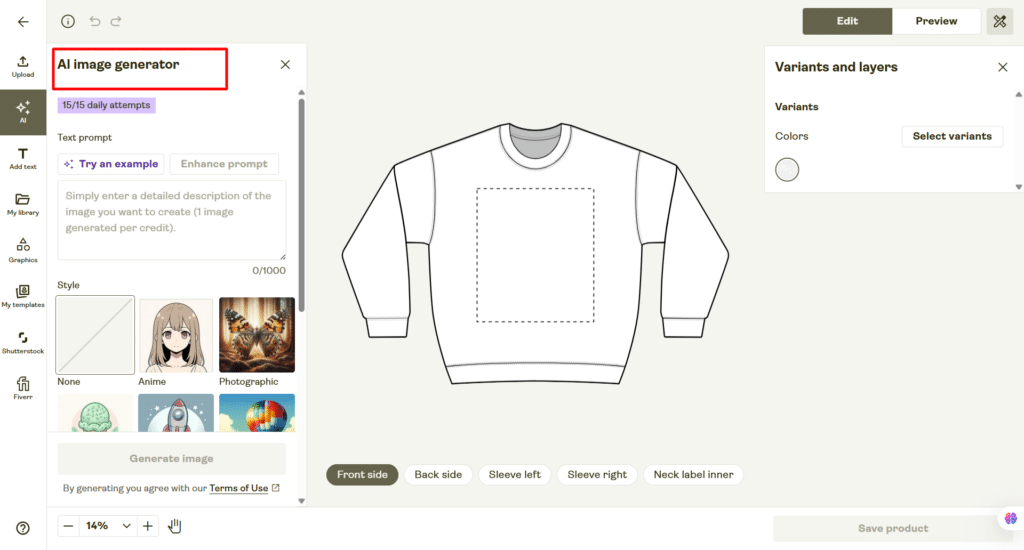 printify ai image generator for custom apparel designs Printify AI image generator interface showing a sweatshirt mockup editor with AI prompt input, image style options, and product variant selection.