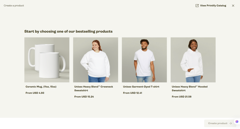 printify best selling products dashboard Printify dashboard displaying bestselling print on demand products, including ceramic mugs, crewneck sweatshirts, T shirts, and hooded sweatshirts for ecommerce store owners.