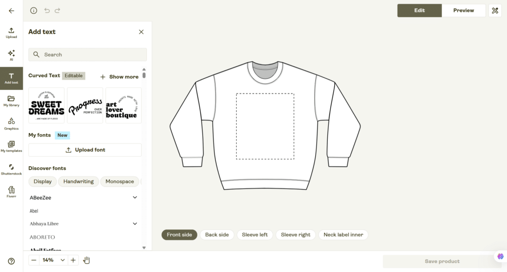 printify crewneck sweat shirt design editor Printify design editor showing a blank white unisex crewneck sweatshirt template with the front print area selected and font options available in the left sidebar.