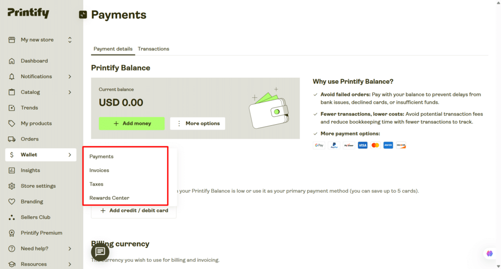 printify payments dashboard and wallet menu options Printify Payments dashboard showing current balance with a red box highlighting the Wallet sidebar menu options including Payments, Invoices, Taxes, and Rewards Center.