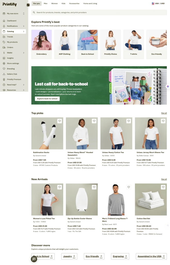printify print on demand product catalog Printify dashboard displaying the product catalog with print on demand categories, featured collections, bestselling products, new arrivals, and ecommerce merchandise options.