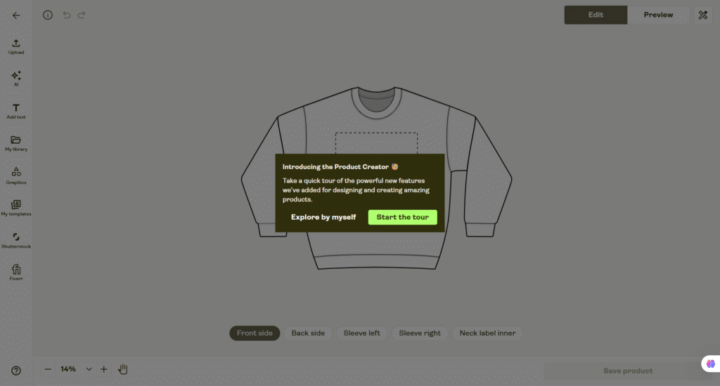 printify product creator welcome tour guide popup Printify Product Creator welcome screen introducing the product design editor with options to start a guided tour or explore the editor independently.
