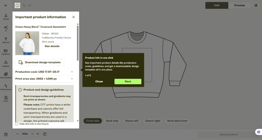 printify product information and design guidelines Printify product information panel showing Gildan 18000 crewneck sweatshirt details, production costs, print area size, and design guidelines in the product editor.