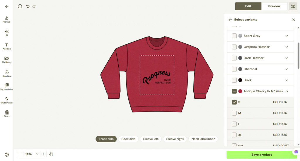 printify product variant selection for custom sweat shirt Printify product editor showing sweatshirt color and size variant selection for a Gildan 18000 crewneck with a custom "Progress Over Perfection" design.