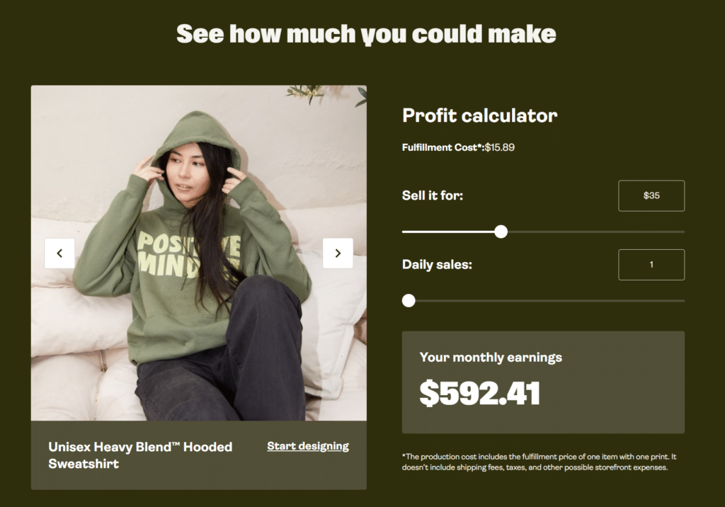Printify profit calculator showing estimated monthly earnings for selling a Unisex Heavy Blend Hooded Sweatshirt.