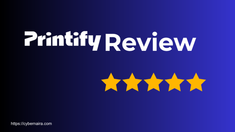 Featured image showing bold white text reading Printify Review above a five star rating on a blue gradient background.