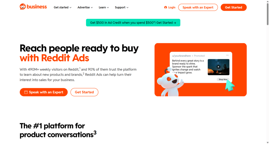 reddit ads platform for business advertising homepage Reddit for Business homepage promoting Reddit Ads as a platform to help businesses reach engaged audiences and drive product sales.