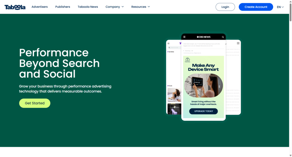 taboola advertising platform for performance marketing homepage Taboola advertising platform homepage promoting performance advertising solutions that help businesses grow beyond search and social media.
