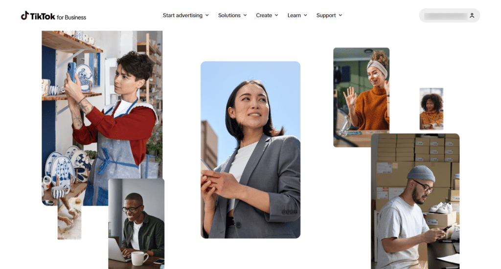 tiktok for business advertising platform TikTok for Business homepage showcasing advertising solutions for creators, small businesses, and ecommerce brands using the TikTok platform.