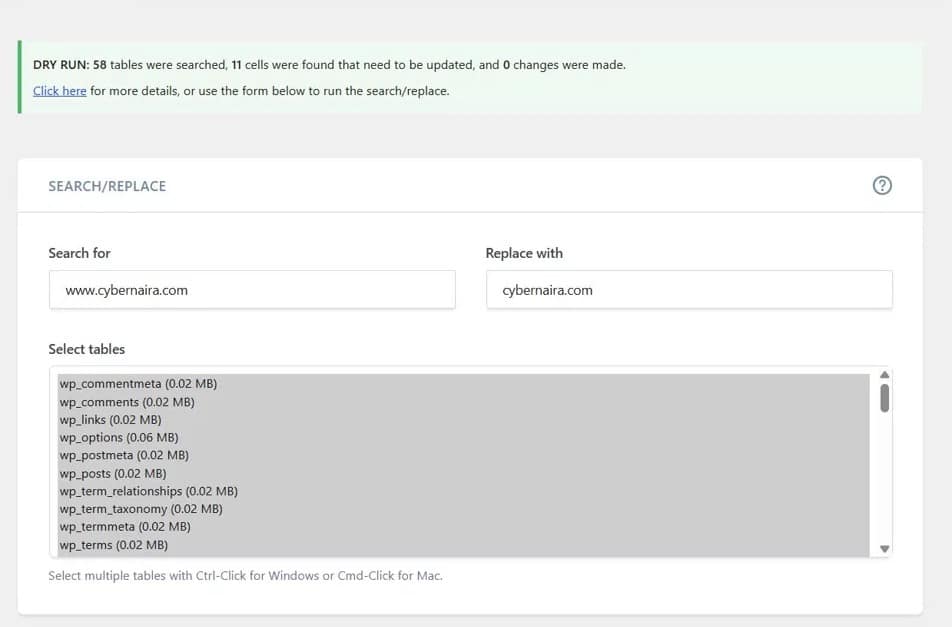 www to non www better search replace wordpress WordPress Better Search Replace plugin performing a dry run to replace www.cybernaira.com with cybernaira.com across selected database tables.