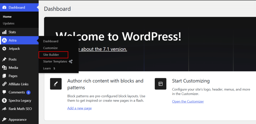 access astra site builder wordpress WordPress dashboard showing the Astra menu with the Site Builder option highlighted.