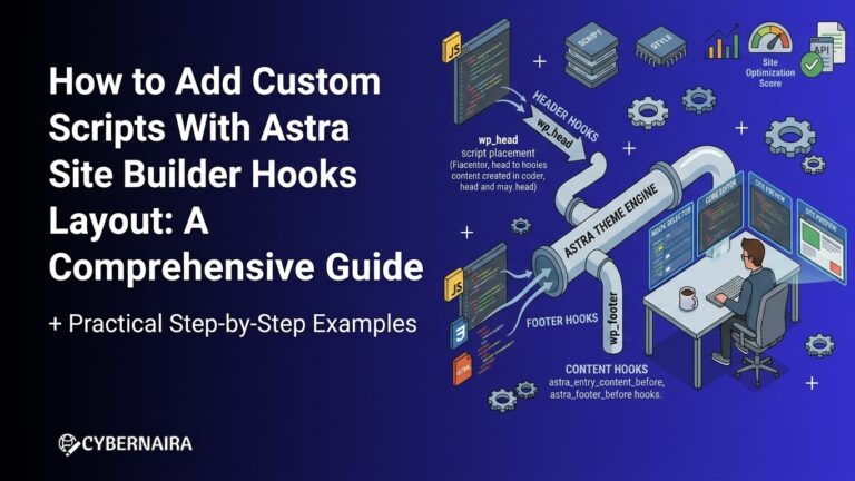 Illustration showing how to add custom scripts with Astra Site Builder Hooks using WordPress header, footer, and content hooks.