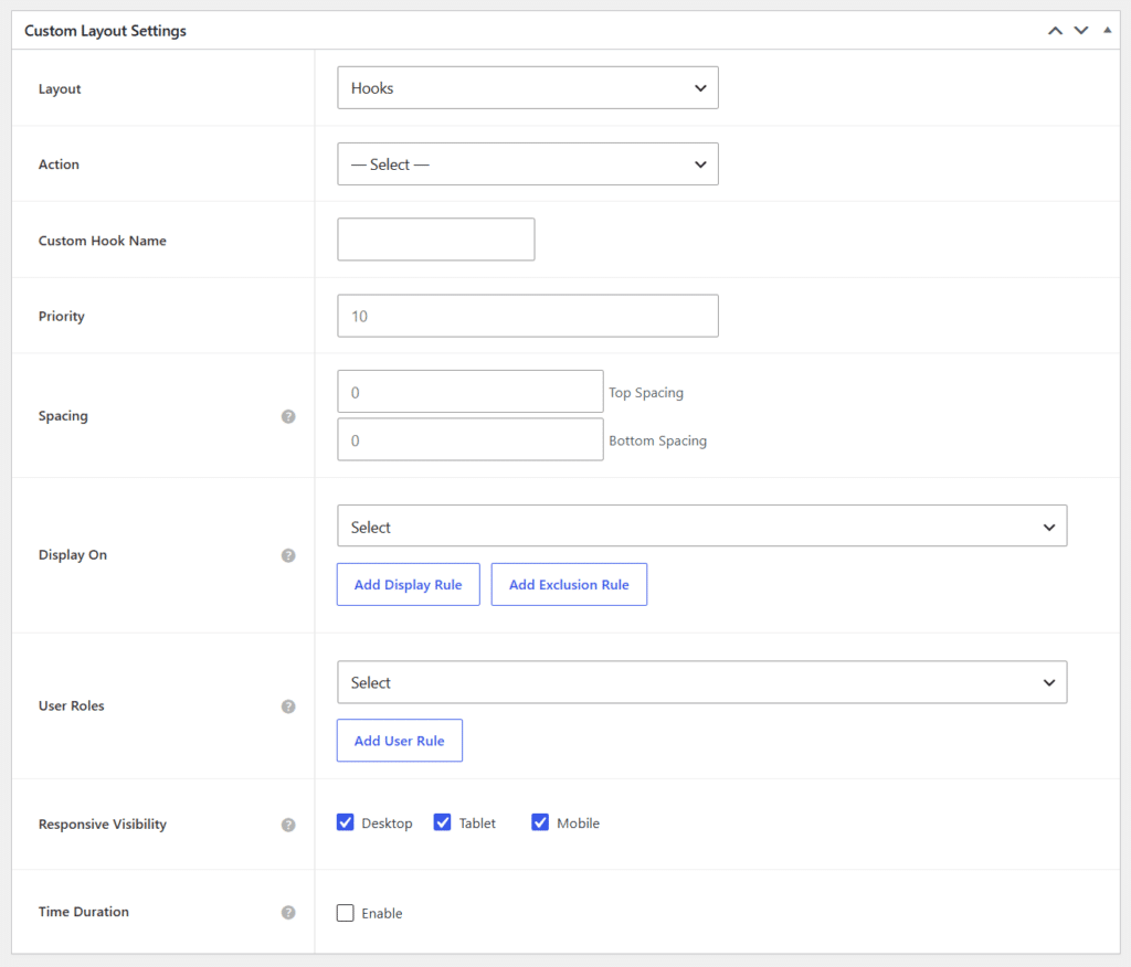 astra custom layout settings meta box Astra custom layout settings meta box showing hooks configuration fields display rules user roles and responsive visibility checkboxes.