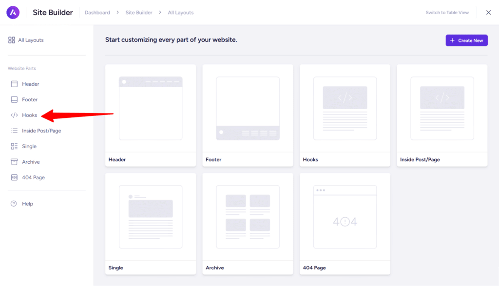 astra site builder layouts hooks option Astra Site Builder layout dashboard with red arrow pointing to Hooks option under website parts menu,