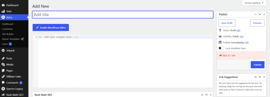 astra theme code editor interface wordpress Astra code editor interface displaying Enable WordPress Editor button title input and snippet text box.