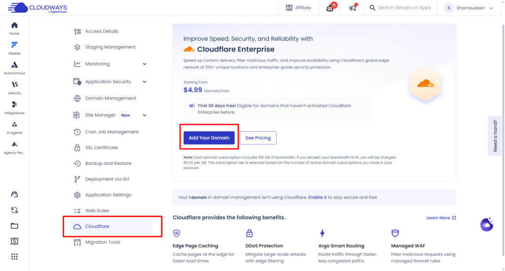 Cloudways Cloudflare Enterprise settings showing the Add Your Domain button and Cloudflare features
