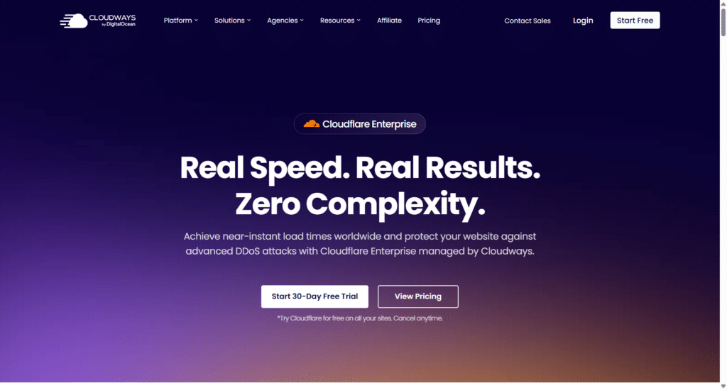 Cloudways Cloudflare Enterprise page showing website speed, security, and a 30-day free trial.