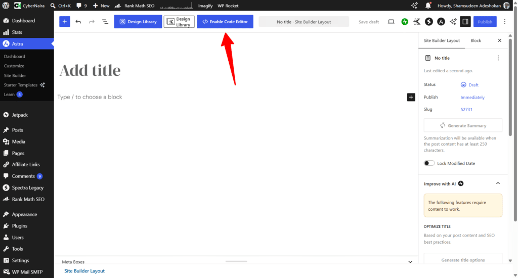 enable code editor button wordpress block editor WordPress block editor interface with red arrow pointing to Enable Code Editor button in top toolbar.