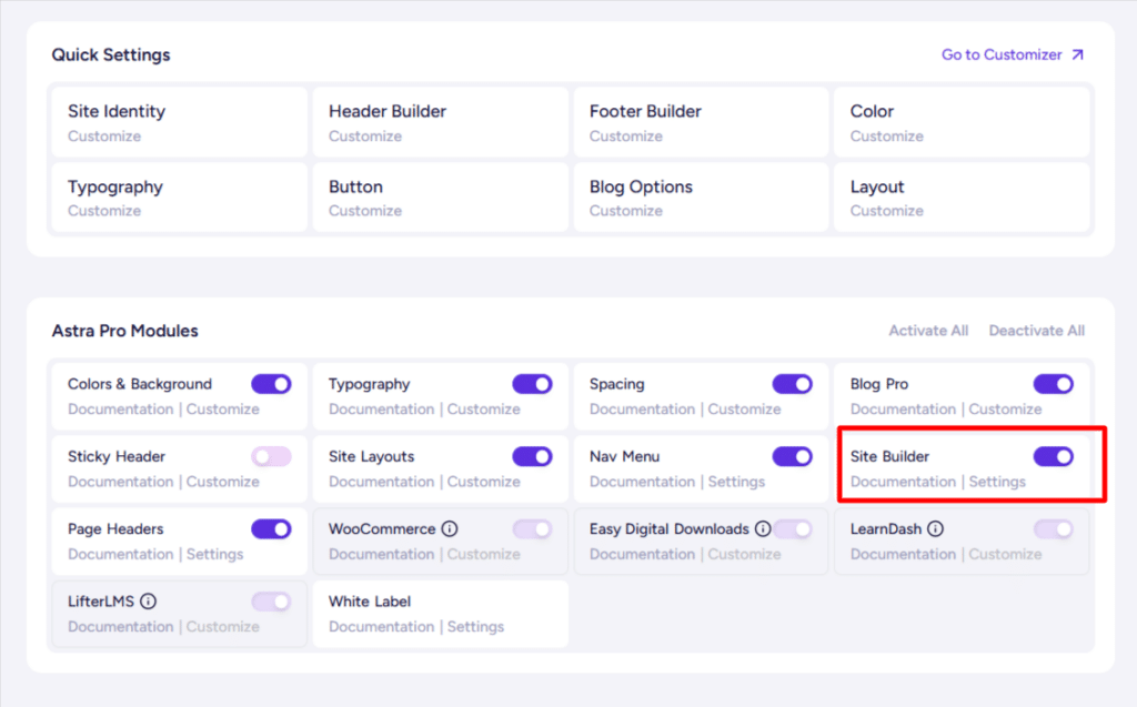Astra Pro theme options dashboard with red rectangle highlighting Site Builder module toggle enabled.