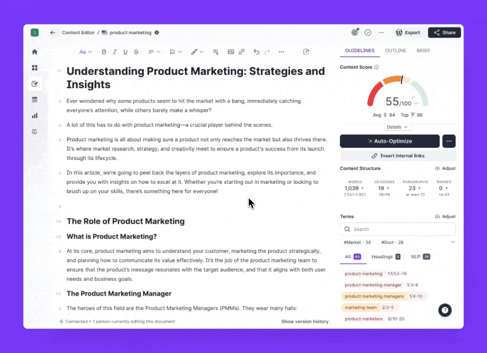 surfer seo content editor auto optimize feature Surfer SEO Content Editor interface showing article guidelines, content score meter, and the Auto-Optimize feature button.