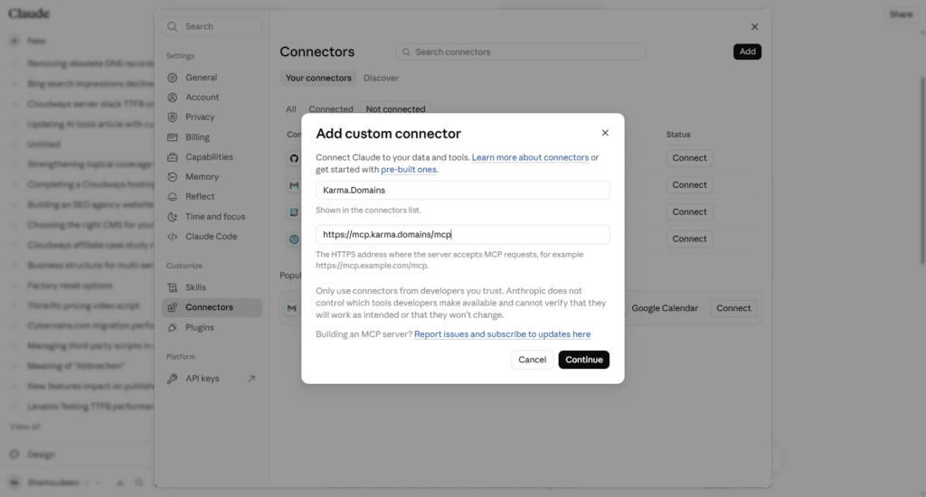 Claude AI add custom connector modal window entering name and server URL for karma domains. 