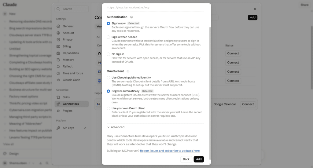 Claude AI connector configuration modal showing authentication settings and OAuth client registration options.