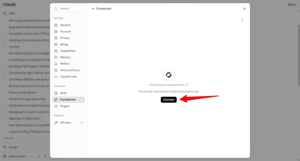 Claude AI connectors settings panel showing connect button for karma domains MCP server integration.